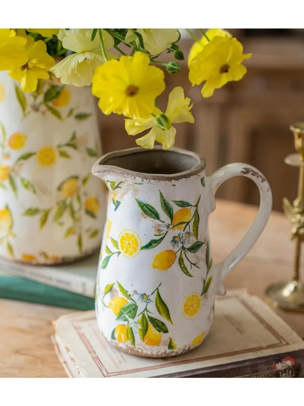 Vintage Lemon Ceramic Vase with Handle - Retro Ice Glazed Farmhouse Decor, 7